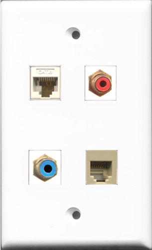 RiteAV 1 Port RCA Red and 1 Port RCA Blue and 1 Port Phone RJ11 RJ12 Beige and 1 Port Cat6 Ethernet White Wall Plate