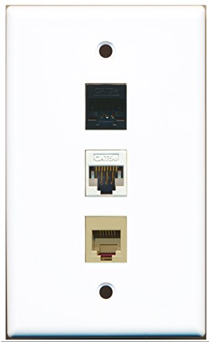 RiteAV - 1 Port Phone RJ11 RJ12 Beige and 1 Port Cat5e Ethernet White and 1 Port Cat5e Ethernet Black Wall Plate