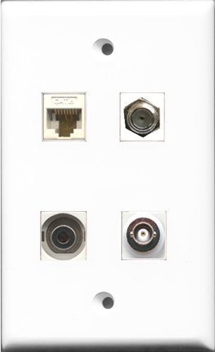 RiteAV 1 Port Coax Cable TV- F-Type and 1 Port 3.5mm and 1 Port BNC and 1 Port Cat6 Ethernet White Wall Plate