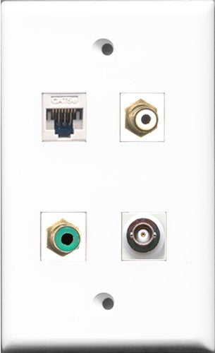 RiteAV 1 Port RCA White and 1 Port RCA Green and 1 Port BNC and 1 Port Cat5e Ethernet White Wall Plate