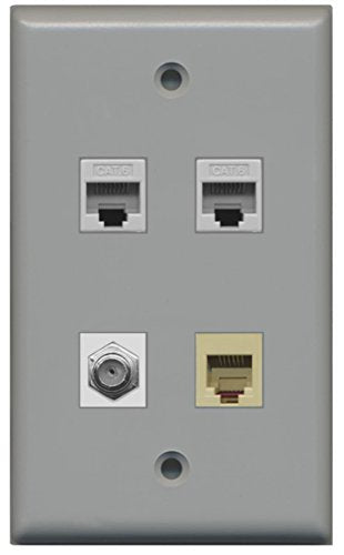 RiteAV 1 Port Coax Cable TV- F-Type and 1 Port Phone RJ11 RJ12 Beige 2 Port Cat6 Ethernet Wall Plate - Gray