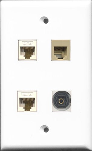 RiteAV 1 Port Phone RJ11 RJ12 Beige and 1 Port Toslink 2 Port Cat6 Ethernet White Wall Plate