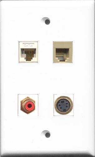RiteAV 1 Port RCA Red and 1 Port Phone RJ11 RJ12 Beige and 1 Port S-Video and 1 Port Cat6 Ethernet White Wall Plate