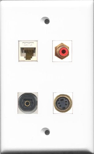 RiteAV 1 Port RCA Red and 1 Port S-Video and 1 Port Toslink and 1 Port Cat6 Ethernet White Wall Plate