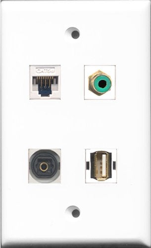 RiteAV 1 Port RCA Green and 1 Port USB A-A and 1 Port Toslink and 1 Port Cat5e Ethernet White Wall Plate