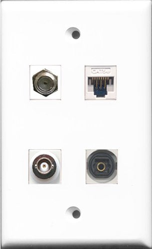 RiteAV 1 Port Coax Cable TV- F-Type and 1 Port Toslink and 1 Port BNC and 1 Port Cat5e Ethernet White Wall Plate