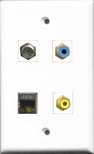 RiteAV 1 Port RCA Yellow and 1 Port RCA Blue and 1 Port Coax Cable TV- F-Type and 1 Port Shielded Cat6 Ethernet Wall Plate