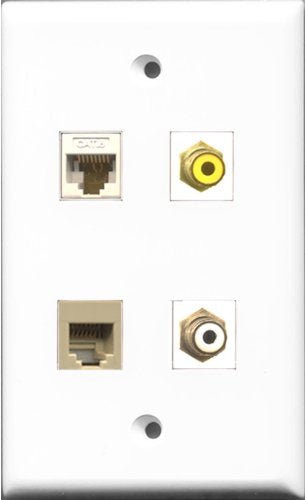 RiteAV 1 Port RCA White and 1 Port RCA Yellow and 1 Port Phone RJ11 RJ12 Beige and 1 Port Cat6 Ethernet White Wall Plate