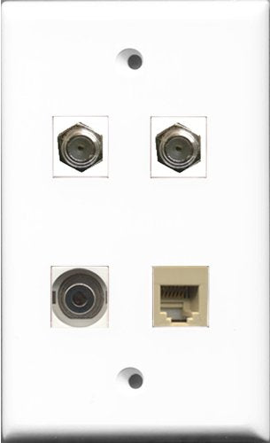 RiteAV - 2 Port Coax Cable TV- F-Type and 1 Port Phone RJ11 RJ12 Beige and 1 Port 3.5mm Wall Plate