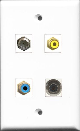 RiteAV 1 Port RCA Yellow and 1 Port RCA Blue and 1 Port Coax Cable TV- F-Type and 1 Port 3.5mm Wall Plate