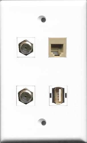 RiteAV - 2 Port Coax Cable TV- F-Type and 1 Port USB A-A and 1 Port Phone RJ11 RJ12 Beige Wall Plate