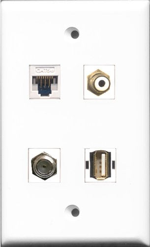 RiteAV 1 Port RCA White and 1 Port Coax Cable TV- F-Type and 1 Port USB A-A and 1 Port Cat5e Ethernet White Wall Plate