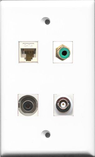 RiteAV 1 Port RCA Green and 1 Port 3.5mm and 1 Port BNC and 1 Port Cat6 Ethernet White Wall Plate
