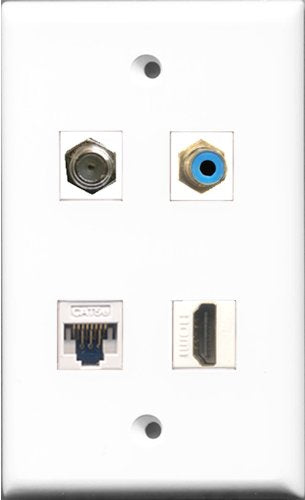 RiteAV 1 Port HDMI and 1 Port RCA Blue and 1 Port Coax Cable TV- F-Type and 1 Port Cat5e Ethernet White Wall Plate