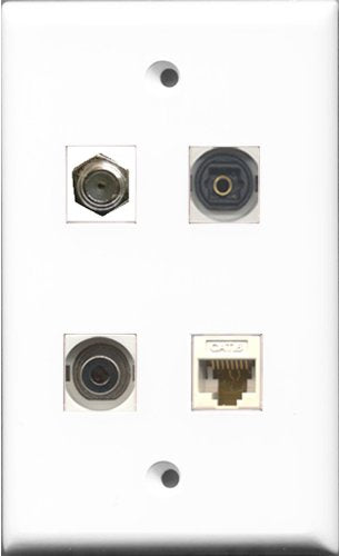 RiteAV 1 Port Coax Cable TV- F-Type and 1 Port Toslink and 1 Port 3.5mm and 1 Port Cat6 Ethernet White Wall Plate