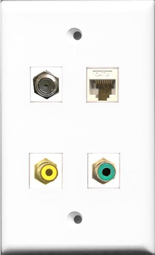 RiteAV 1 Port RCA Yellow and 1 Port RCA Green and 1 Port Coax Cable TV- F-Type and 1 Port Cat6 Ethernet White Wall Plate