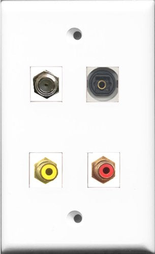 RiteAV 1 Port RCA Red and 1 Port RCA Yellow and 1 Port Coax Cable TV- F-Type and 1 Port Toslink Wall Plate