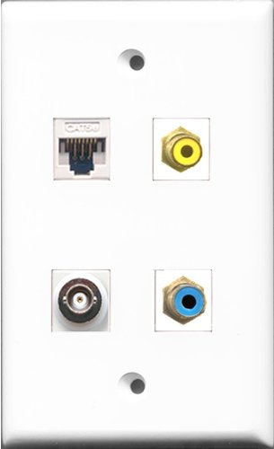 RiteAV 1 Port RCA Yellow and 1 Port RCA Blue and 1 Port BNC and 1 Port Cat5e Ethernet White Wall Plate