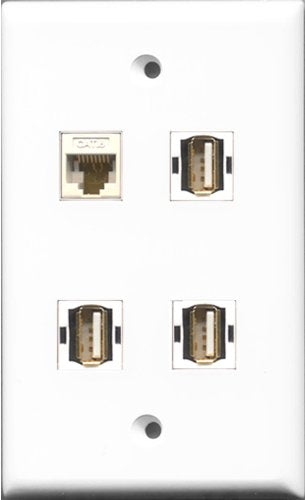 RiteAV - 3 Port USB A-A and 1 Port Cat6 Ethernet White Wall Plate
