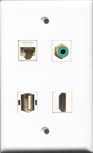 RiteAV 1 Port HDMI and 1 Port RCA Green and 1 Port USB A-A and 1 Port Cat6 Ethernet White Wall Plate