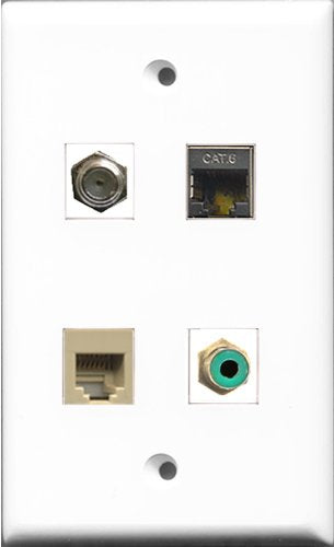 RiteAV 1 Port RCA Green and 1 Port Coax Cable TV- F-Type and 1 Port Phone RJ11 RJ12 Beige and 1 Port Shielded Cat6 Ethernet Wall Plate