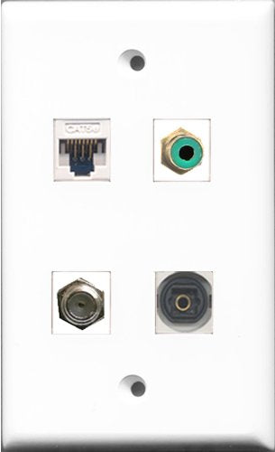 RiteAV 1 Port RCA Green and 1 Port Coax Cable TV- F-Type and 1 Port Toslink and 1 Port Cat5e Ethernet White Wall Plate