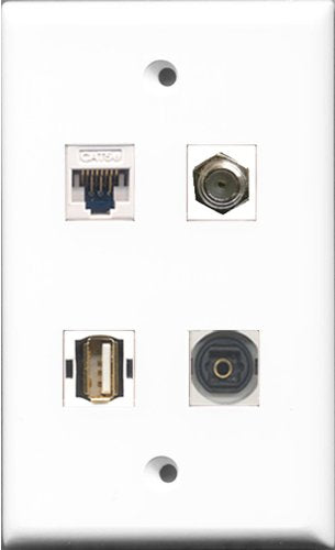 RiteAV - 1 Port Coax Cable TV- F-Type and 1 Port USB A-A and 1 Port Toslink and 1 Port Cat5e Ethernet White Wall Plate