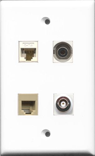 RiteAV 1 Port Phone RJ11 RJ12 Beige and 1 Port 3.5mm and 1 Port BNC and 1 Port Cat6 Ethernet White Wall Plate