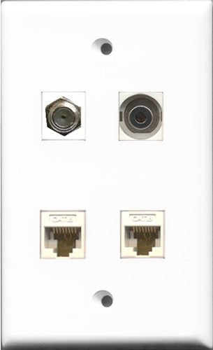 RiteAV 1 Port Coax Cable TV- F-Type and 1 Port 3.5mm 2 Port Cat6 Ethernet White Wall Plate