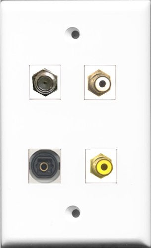 RiteAV 1 Port RCA White and 1 Port RCA Yellow and 1 Port Coax Cable TV- F-Type and 1 Port Toslink Wall Plate
