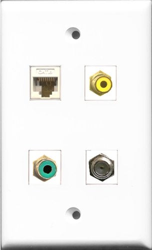 RiteAV 1 Port RCA Yellow and 1 Port RCA Green and 1 Port Coax Cable TV- F-Type and 1 Port Cat6 Ethernet White Wall Plate