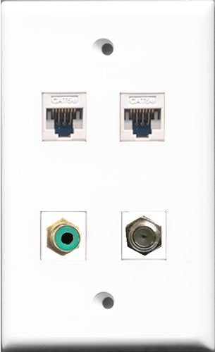 RiteAV - 1 Port RCA Green and 1 Port Coax Cable TV- F-Type 2 Port Cat5e Ethernet White Wall Plate