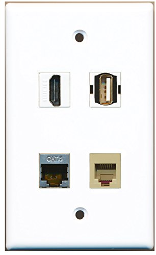 RiteAV - 1 Port HDMI 1 Port USB A-A 1 Port Phone RJ11 RJ12 Beige 1 Port Shielded Cat6 Ethernet Wall Plate