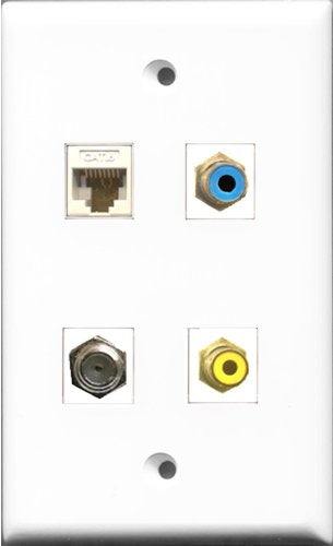 RiteAV 1 Port RCA Yellow and 1 Port RCA Blue and 1 Port Coax Cable TV- F-Type and 1 Port Cat6 Ethernet White Wall Plate