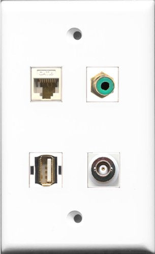 RiteAV 1 Port RCA Green and 1 Port USB A-A and 1 Port BNC and 1 Port Cat6 Ethernet White Wall Plate