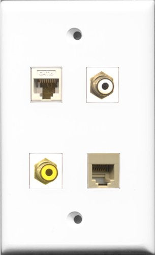 RiteAV 1 Port RCA White and 1 Port RCA Yellow and 1 Port Phone RJ11 RJ12 Beige and 1 Port Cat6 Ethernet White Wall Plate