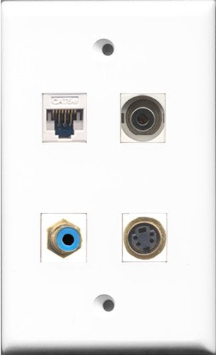 RiteAV - 1 Port RCA Blue and 1 Port S-Video and 1 Port 3.5mm and 1 Port Cat5e Ethernet White Wall Plate