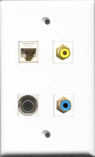 RiteAV 1 Port RCA Yellow and 1 Port RCA Blue and 1 Port 3.5mm and 1 Port Cat6 Ethernet White Wall Plate