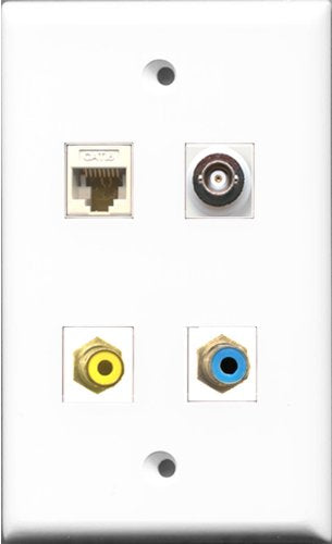 RiteAV 1 Port RCA Yellow and 1 Port RCA Blue and 1 Port BNC and 1 Port Cat6 Ethernet White Wall Plate