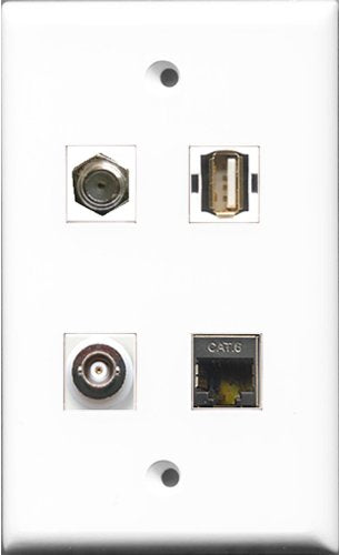 RiteAV 1 Port Coax Cable TV- F-Type and 1 Port USB A-A and 1 Port Shielded Cat6 Ethernet and 1 Port BNC Wall Plate