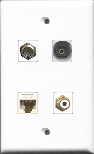 RiteAV 1 Port RCA White and 1 Port Coax Cable TV- F-Type and 1 Port Toslink and 1 Port Cat6 Ethernet White Wall Plate