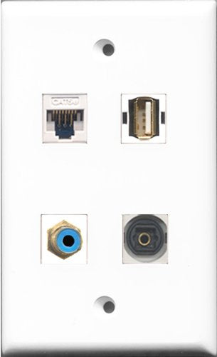 RiteAV 1 Port RCA Blue and 1 Port USB A-A and 1 Port Toslink and 1 Port Cat5e Ethernet White Wall Plate