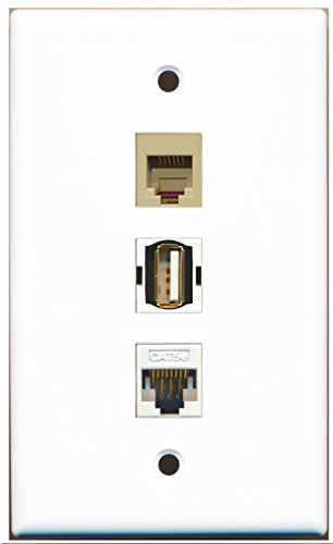 RiteAV - 1 Port USB A-A and 1 Port Phone RJ11 RJ12 Beige and 1 Port Cat5e Ethernet White Wall Plate