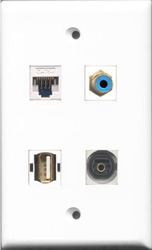 RiteAV 1 Port RCA Blue and 1 Port USB A-A and 1 Port Toslink and 1 Port Cat5e Ethernet White Wall Plate