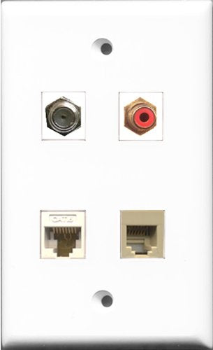 RiteAV 1 Port RCA Red and 1 Port Coax Cable TV- F-Type and 1 Port Phone RJ11 RJ12 Beige and 1 Port Cat6 Ethernet White Wall Plate