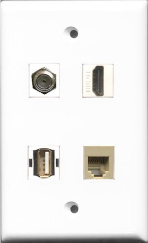 RiteAV 1 Port HDMI and 1 Port Coax Cable TV- F-Type and 1 Port USB A-A and 1 Port Phone RJ11 RJ12 Beige Wall Plate