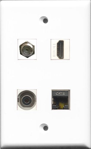 RiteAV 1 Port HDMI and 1 Port Coax Cable TV- F-Type and 1 Port Shielded Cat6 Ethernet and 1 Port 3.5mm Wall Plate