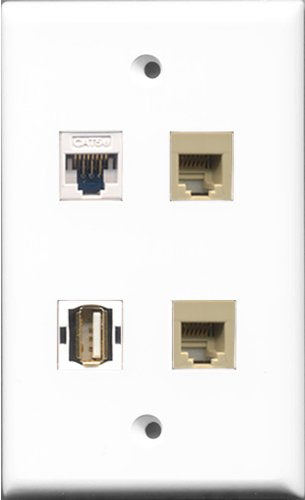 RiteAV 1 Port USB A-A 2 Port Phone RJ11 RJ12 Beige and 1 Port Cat5e Ethernet White Wall Plate