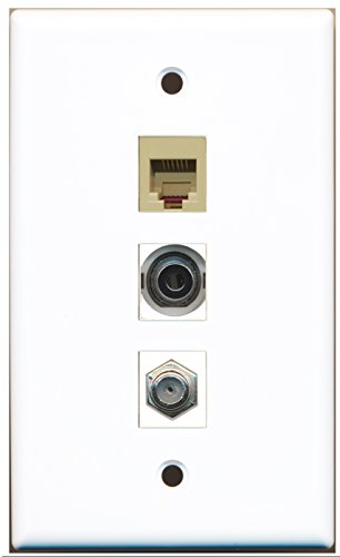 RiteAV - 1 Port Coax Cable TV- F-Type and 1 Port Phone RJ11 RJ12 Beige and 1 Port 3.5mm Wall Plate