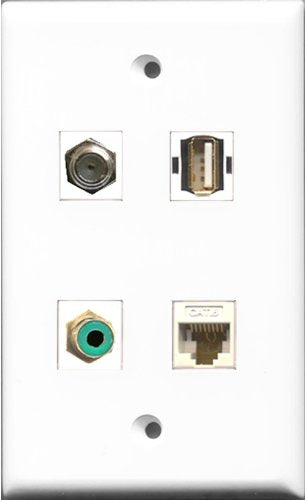 RiteAV 1 Port RCA Green and 1 Port Coax Cable TV- F-Type and 1 Port USB A-A and 1 Port Cat6 Ethernet White Wall Plate